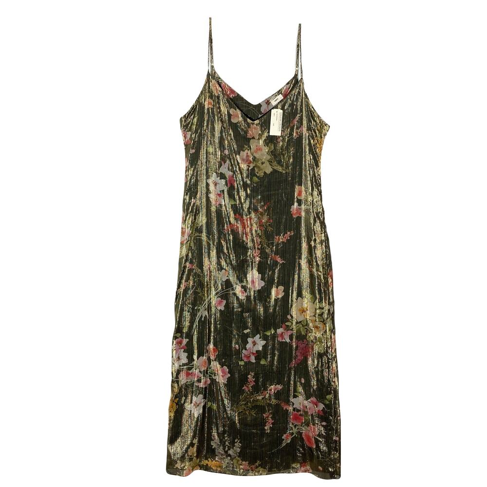 NWT WARM Dress 0 Silk Slip Gold-Shimmer-Glitter-Stripe Floral-Sheer-Overlay Lind